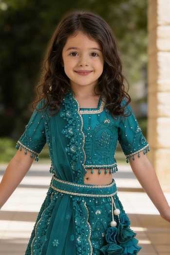 FAYON KIDS_Emerald Green Net Embroidery, Sequins, Beads, Tassels Thread Lehenga Set _Online_at_Aza_Fashions