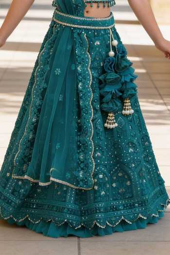 Buy_FAYON KIDS_Emerald Green Net Embroidery, Sequins, Beads, Tassels Thread Lehenga Set _Online_at_Aza_Fashions