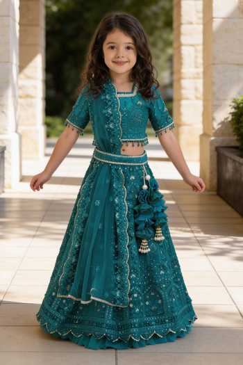 Buy_FAYON KIDS_Emerald Green Net Embroidery, Sequins, Beads, Tassels Thread Lehenga Set _at_Aza_Fashions