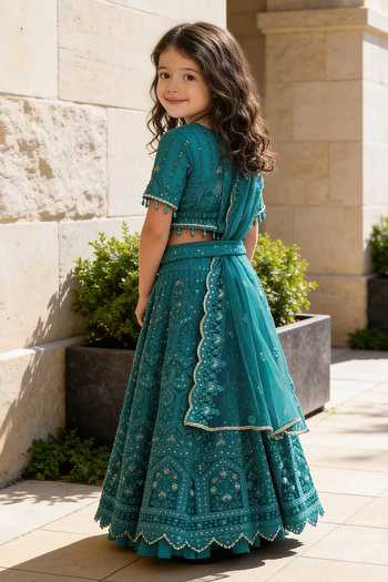 Shop_FAYON KIDS_Emerald Green Net Embroidery, Sequins, Beads, Tassels Thread Lehenga Set _at_Aza_Fashions