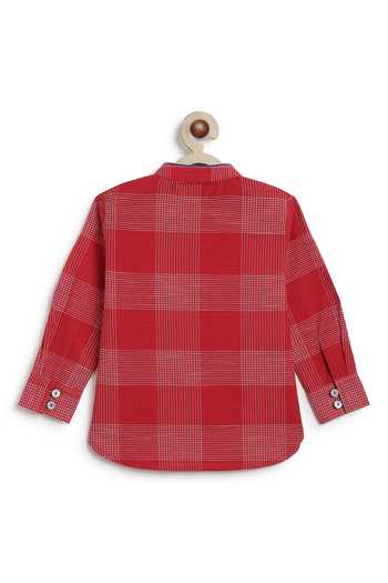 Shop_Tiber Taber_Red Cotton Chequered Short Kurta _at_Aza_Fashions