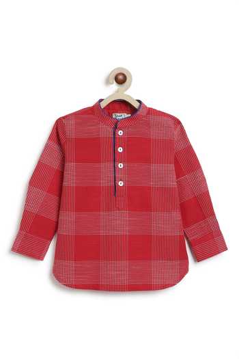 Buy_Tiber Taber_Red Cotton Chequered Short Kurta _Online_at_Aza_Fashions