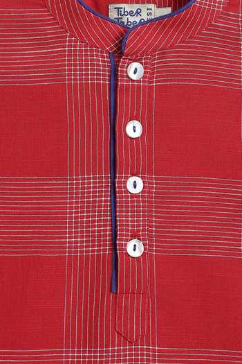 Shop_Tiber Taber_Red Cotton Chequered Short Kurta _Online_at_Aza_Fashions