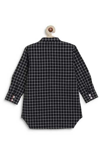Shop_Tiber Taber_Black Cotton Chequered Short Kurta _at_Aza_Fashions