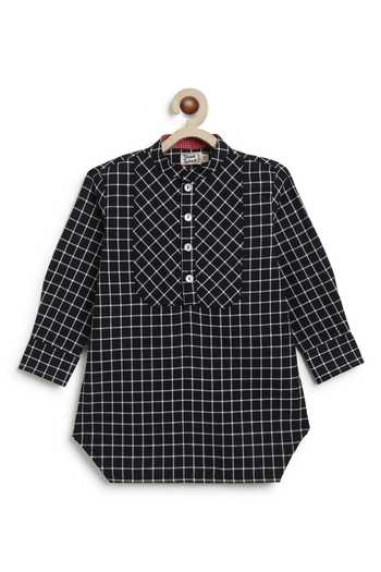 Buy_Tiber Taber_Black Cotton Chequered Short Kurta _Online_at_Aza_Fashions