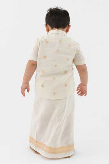 Shop_Tiber Taber_Cream Cotton Zari Border Mundu _at_Aza_Fashions