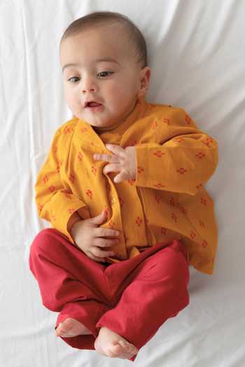 Buy_Tiber Taber_Yellow Cotton Jacquard Top And Pant Set _at_Aza_Fashions