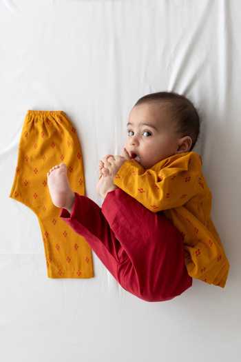 Tiber Taber_Yellow Cotton Jacquard Top And Pant Set _Online