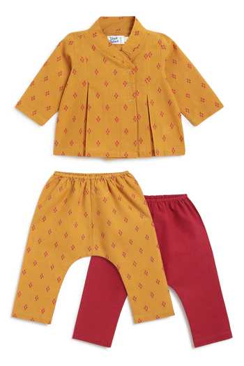 Tiber Taber_Yellow Cotton Jacquard Top And Pant Set 