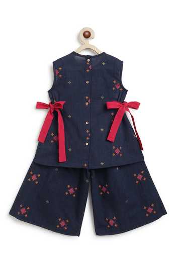 Shop_Tiber Taber_Blue Cotton Jacquard Top And Pant Set _at_Aza_Fashions