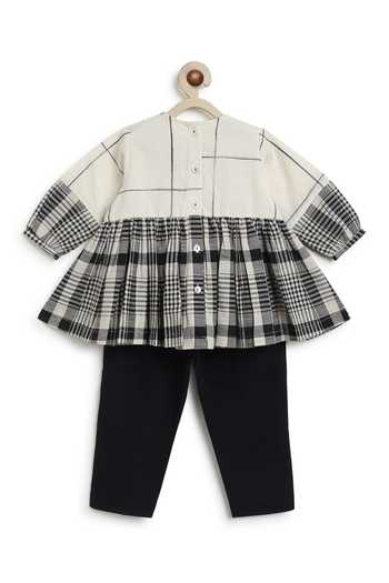 Shop_Tiber Taber_Cream Cotton Tassels Chequered Top And Pant Set _at_Aza_Fashions