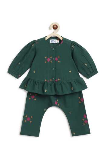 Shop_Tiber Taber_Green Cotton Jacquard Top And Pant Set _at_Aza_Fashions