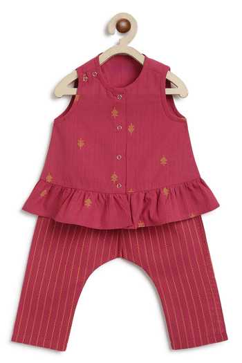 Shop_Tiber Taber_Red Cotton Jacquard Top And Pant Set _at_Aza_Fashions