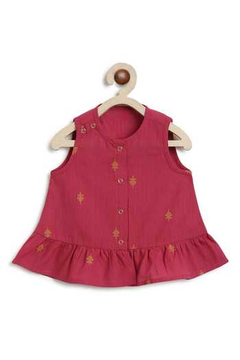 Tiber Taber_Red Cotton Jacquard Top And Pant Set _at_Aza_Fashions