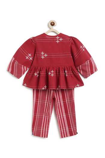 Shop_Tiber Taber_Maroon Cotton Jacquard Top And Pant Set _at_Aza_Fashions