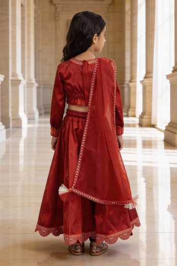 Shop_FAYON KIDS_Red Silk, Net Lace, Tassels Raw Lehenga Blouse Set _at_Aza_Fashions