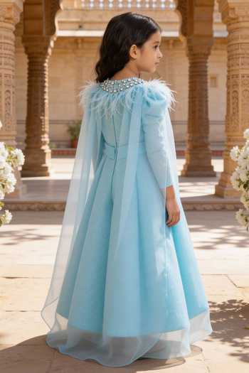 Shop_FAYON KIDS_Blue Net Sequins, Pearls, Stones, Feathers Draped Sleeve Embroidered Gown _at_Aza_Fashions
