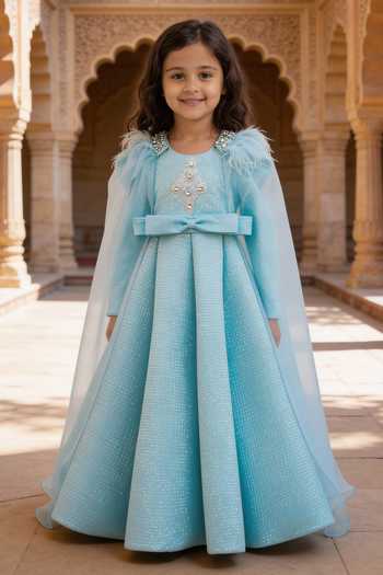 Buy_FAYON KIDS_Blue Net Sequins, Pearls, Stones, Feathers Draped Sleeve Embroidered Gown _at_Aza_Fashions