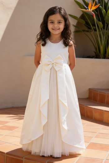 Buy_FAYON KIDS_Off White Satin, Net Bows Front Gown _at_Aza_Fashions