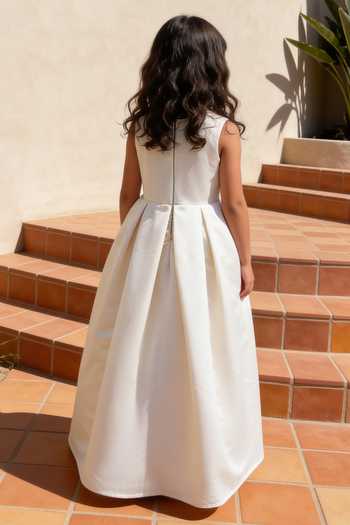 Shop_FAYON KIDS_Off White Satin, Net Bows Front Gown _at_Aza_Fashions