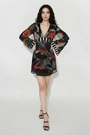 Buy_House Of Varada_Multi Color Chinon V-neck Abstract Boho Print Short Dress _at_Aza_Fashions