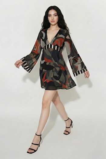 House Of Varada_Multi Color Chinon V-neck Abstract Boho Print Short Dress _Online_at_Aza_Fashions