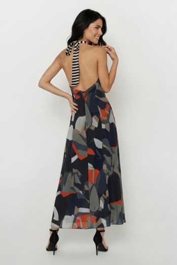 Shop_House Of Varada_Multi Color Chinon Halter Neck Abstract Print Dress _at_Aza_Fashions