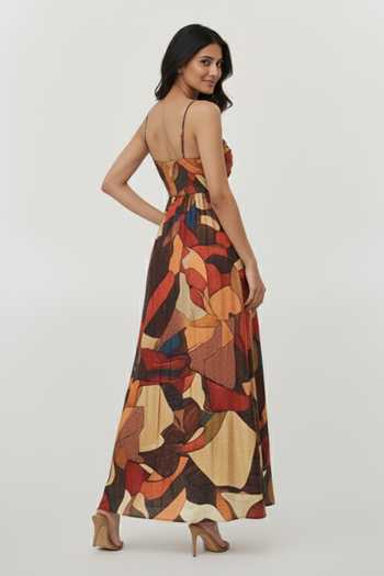 Shop_House Of Varada_Brown Chinon Sweetheart Neck Abstract Earthy Print Strappy Dress _at_Aza_Fashions