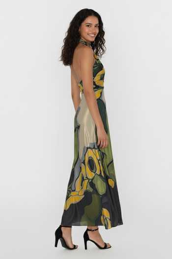 Shop_House Of Varada_Green Crepe Halter Neck Abstract Floral Print Dress _at_Aza_Fashions