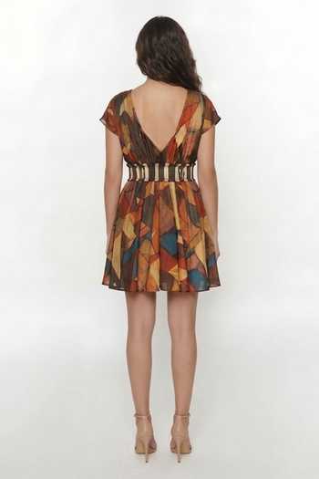 Shop_House Of Varada_Brown Chinon V-, Plunge Amber Mosaic Print Dress _at_Aza_Fashions