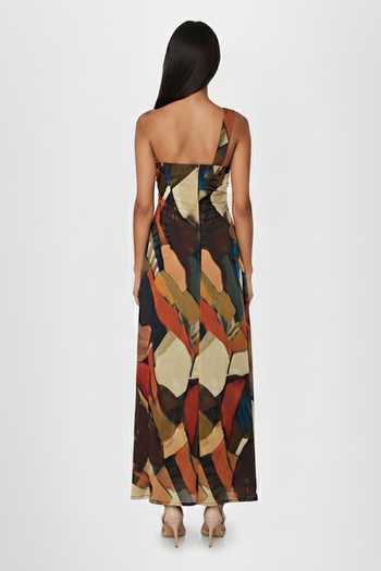 Shop_House Of Varada_Brown Chinon One Shoulder Earth Mosaic Print Dress _at_Aza_Fashions