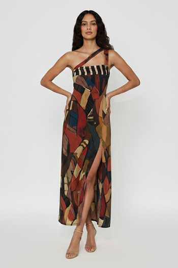 Buy_House Of Varada_Brown Chinon One Shoulder Earth Mosaic Print Dress _at_Aza_Fashions