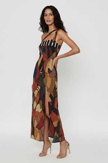House Of Varada_Brown Chinon One Shoulder Earth Mosaic Print Dress _Online_at_Aza_Fashions