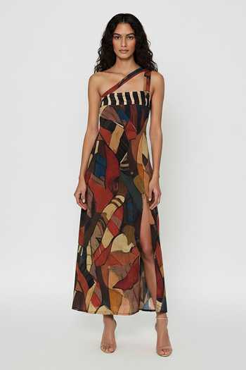 Buy_House Of Varada_Brown Chinon One Shoulder Earth Mosaic Print Dress _Online_at_Aza_Fashions