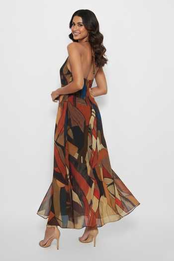 Shop_House Of Varada_Brown Chinon Halter Neck Bohemian Print A-line Maxi Dress _at_Aza_Fashions