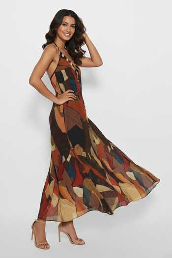 Buy_House Of Varada_Brown Chinon Halter Neck Bohemian Print A-line Maxi Dress _Online_at_Aza_Fashions