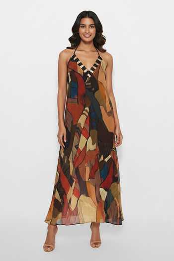 Shop_House Of Varada_Brown Chinon Halter Neck Bohemian Print A-line Maxi Dress _Online_at_Aza_Fashions