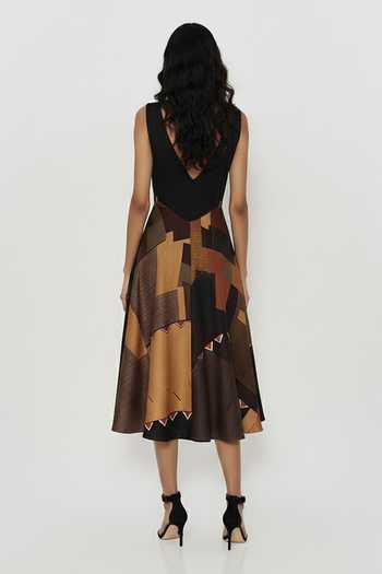 Shop_House Of Varada_Brown Silk, Dupion Digital Print V-neck Midnight Patchwork Dress _at_Aza_Fashions