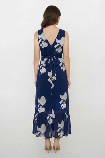 Shop_House Of Varada_Blue Crepe V-neck Bold Floral Print Slit Dress _at_Aza_Fashions