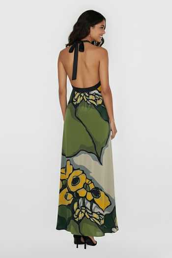 Shop_House Of Varada_Green Crepe Halter Neck Abstract Floral Print Dress _at_Aza_Fashions
