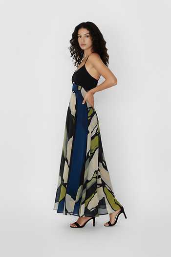 House Of Varada_Blue Crepe Halter Neck Abstract Floral Print Dress _Online_at_Aza_Fashions