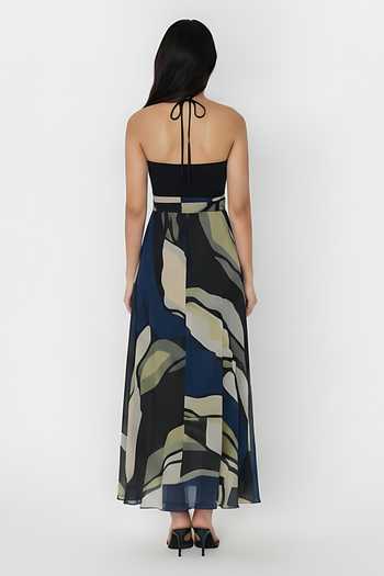 Shop_House Of Varada_Blue Crepe Halter Neck Abstract Floral Print Dress _at_Aza_Fashions