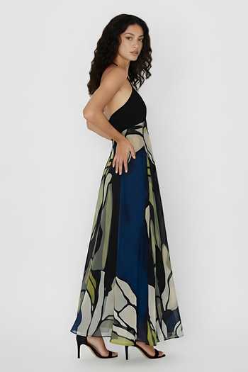 Buy_House Of Varada_Blue Crepe Halter Neck Abstract Floral Print Dress _Online_at_Aza_Fashions