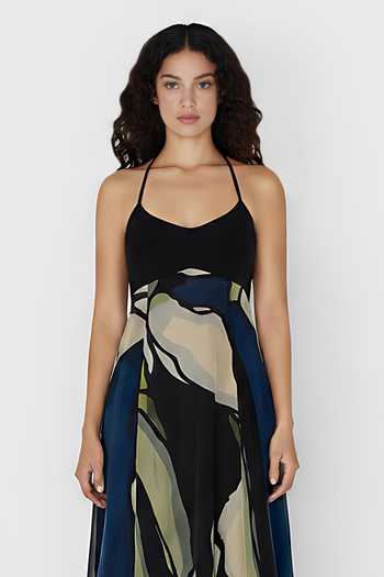 Shop_House Of Varada_Blue Crepe Halter Neck Abstract Floral Print Dress _Online_at_Aza_Fashions