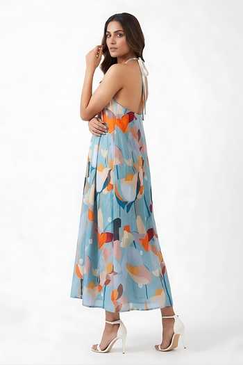 Shop_House Of Varada_Blue Crepe Halter Neck Abstract Floral Print Dress _at_Aza_Fashions