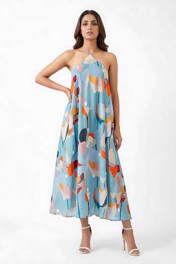 Buy_House Of Varada_Blue Crepe Halter Neck Abstract Floral Print Dress _at_Aza_Fashions