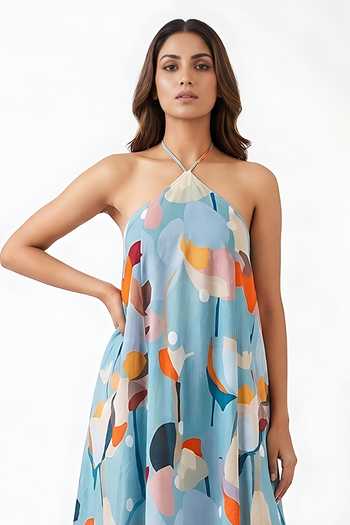 House Of Varada_Blue Crepe Halter Neck Abstract Floral Print Dress _Online_at_Aza_Fashions