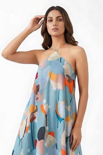 Buy_House Of Varada_Blue Crepe Halter Neck Abstract Floral Print Dress _Online_at_Aza_Fashions
