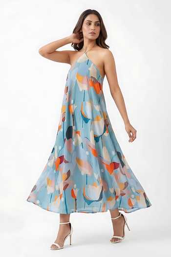 Shop_House Of Varada_Blue Crepe Halter Neck Abstract Floral Print Dress _Online_at_Aza_Fashions