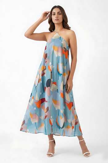House Of Varada_Blue Crepe Halter Neck Abstract Floral Print Dress _at_Aza_Fashions